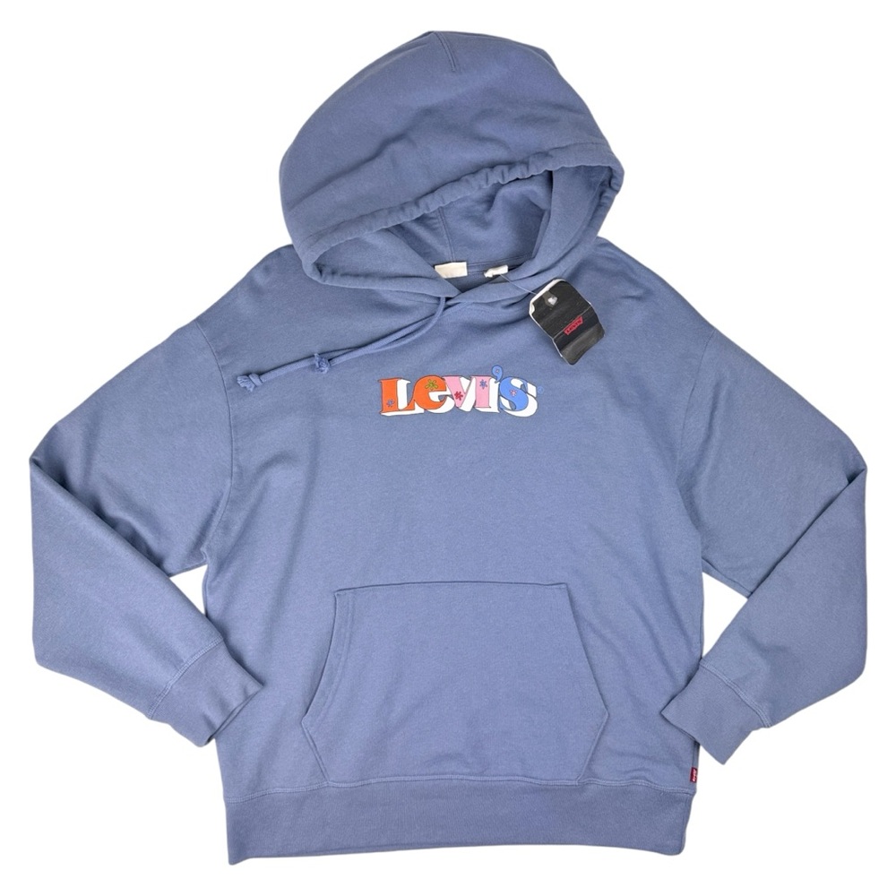 Levi's Hoodie Women's Large Logo Floral Graphic‎ Sweatshirt Blue Pocket NEW $59